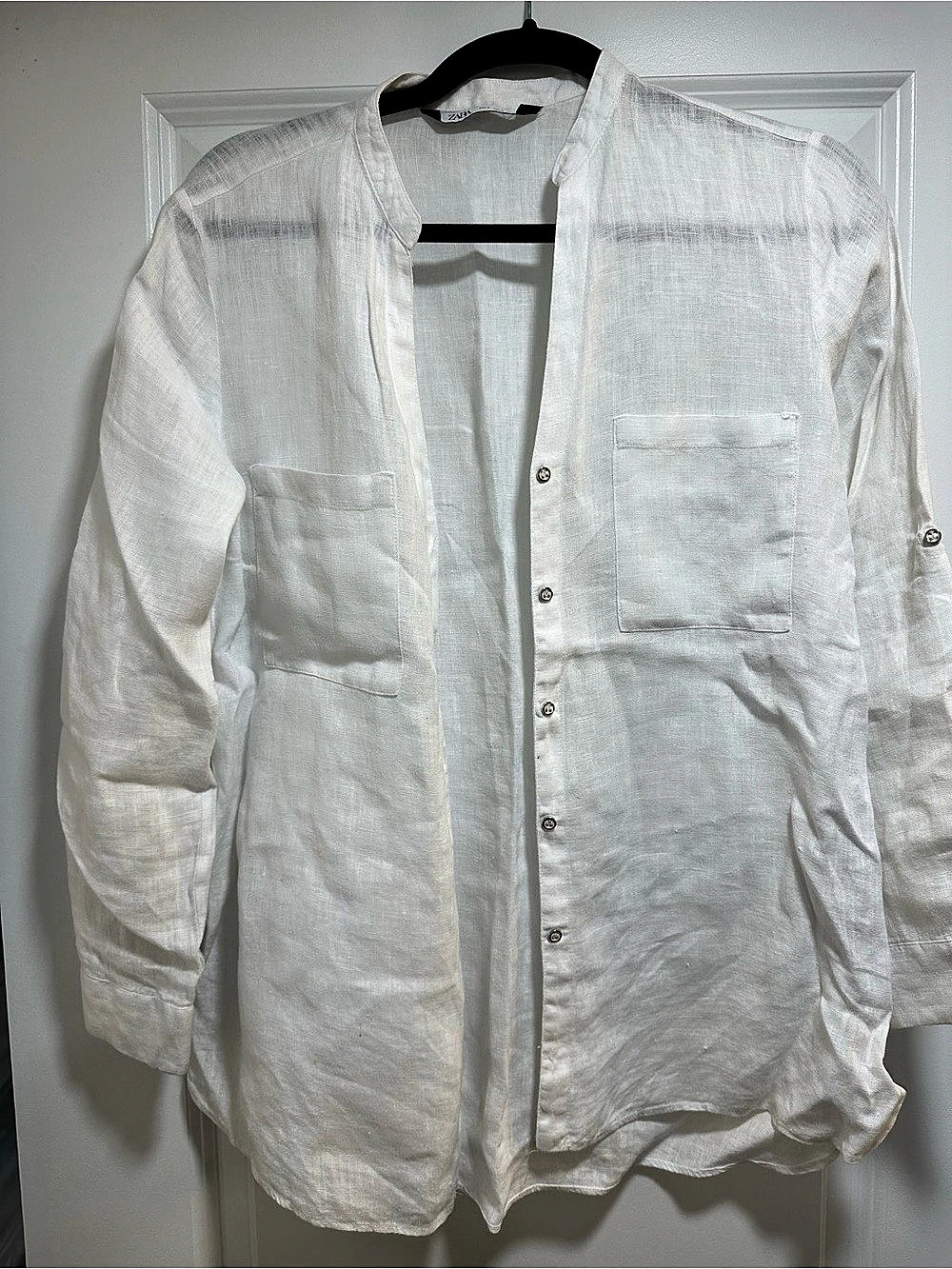 ZARA White 100% Linen Button Down Shirt Roll Tab Sleeves Size S